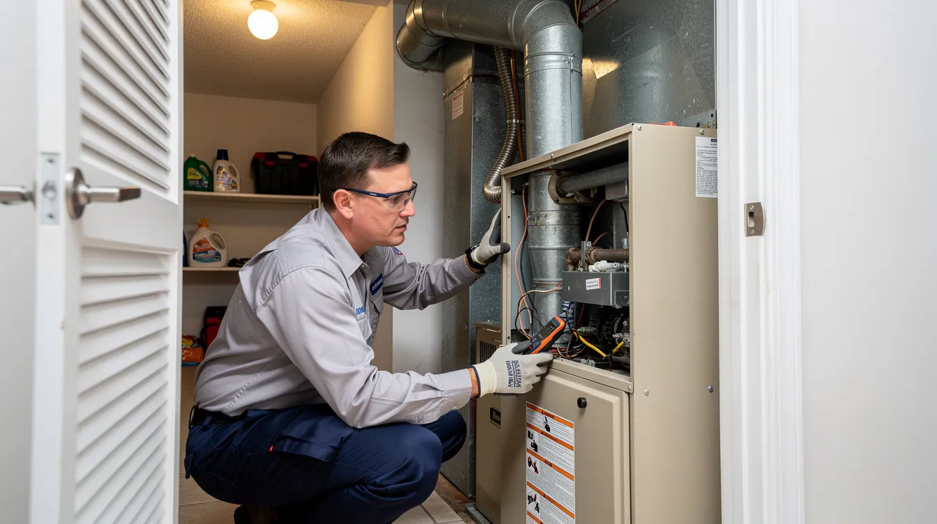 An HVAC technician is inspecting a residential gas furnace located in a utility closet, checking components like the heat exchanger and gas valve to ensure proper function and safety. Regular furnace maintenance by a professional HVAC technician helps prevent common furnace repairs and can save money on energy bills.