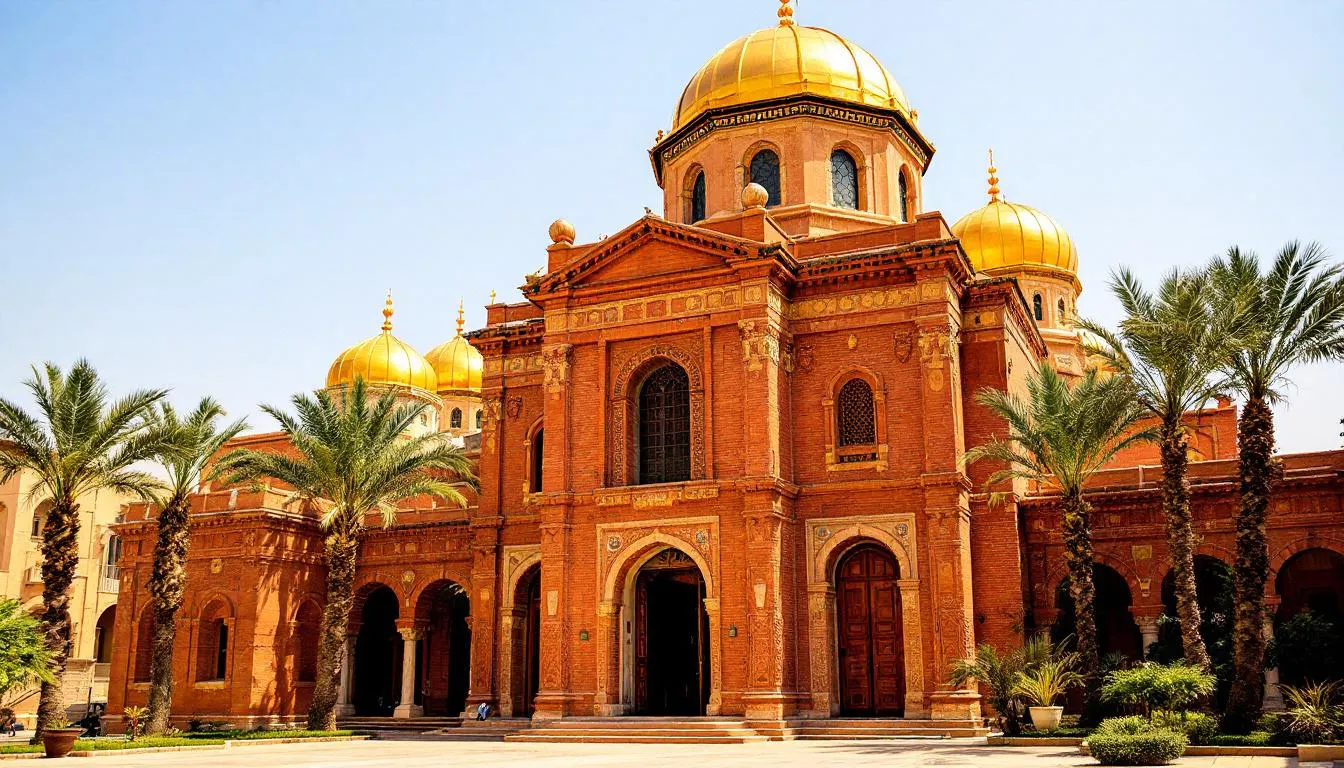 A imagem mostra uma antiga igreja copta no Cairo, com cúpulas e uma arquitetura tradicional egípcia, refletindo a rica herança do cristianismo copta. Este local sagrado é parte da rota da Sagrada Família no Egito, onde a Virgem Maria e o Menino Jesus buscaram refúgio.