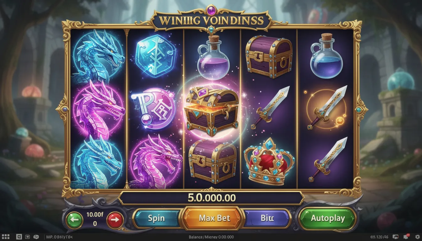 The image features a vibrant video slot game screen set in a fantasy theme, showcasing multiple colorful reels adorned with mythical creatures and enchanting symbols. A prominent sign displays the game's title, inviting players to embark on an imaginative gaming adventure.