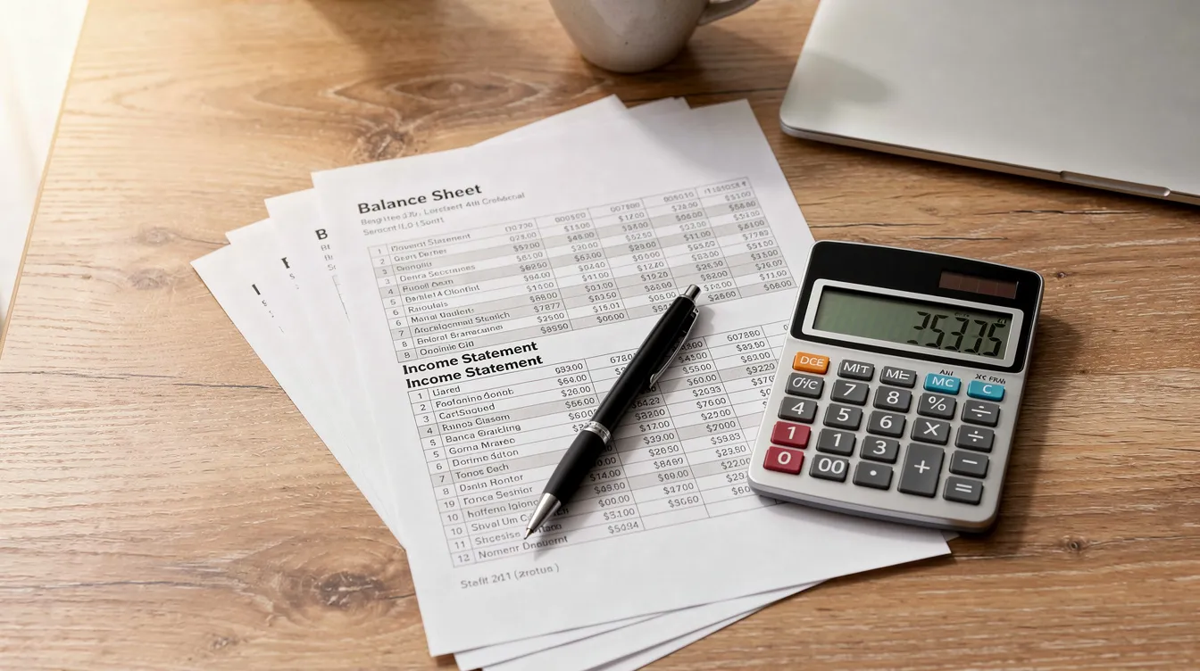 A calculator sits on a wooden desk alongside various financial statements, suggesting a focus on managing finances and possibly planning for a balance transfer loan. The scene conveys a sense of organization and attention to financial details such as interest rates and repayment terms.