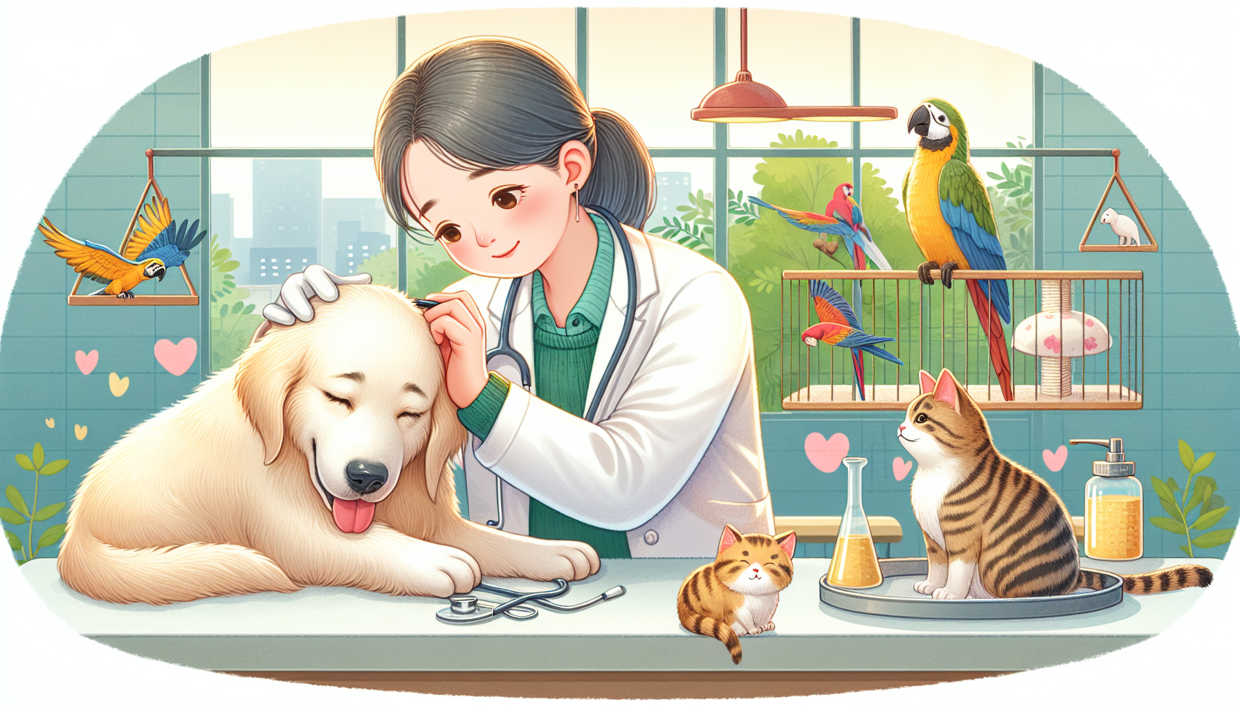 Illustration of a veterinarian providing care to animals