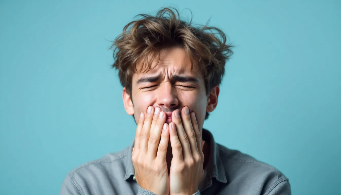 A person holding their cheek in discomfort, representing how to stop toothache immediately.