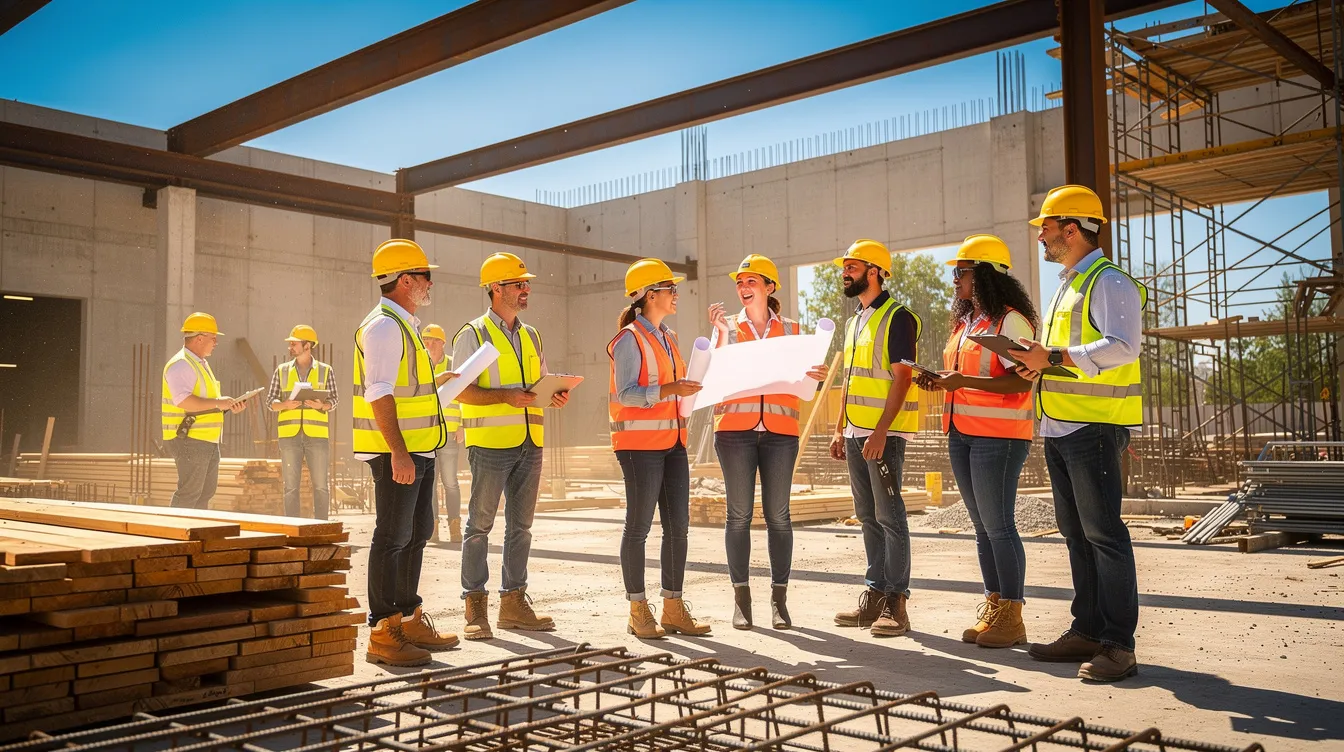 A group of construction workers, all wearing hard hats and reflective vests, are gathered on a commercial building site under the bright sun, emphasizing the importance of workplace safety and effective safety programs in the construction industry. Their presence highlights the commitment to managing workplace hazards and promoting a strong safety culture among employees.