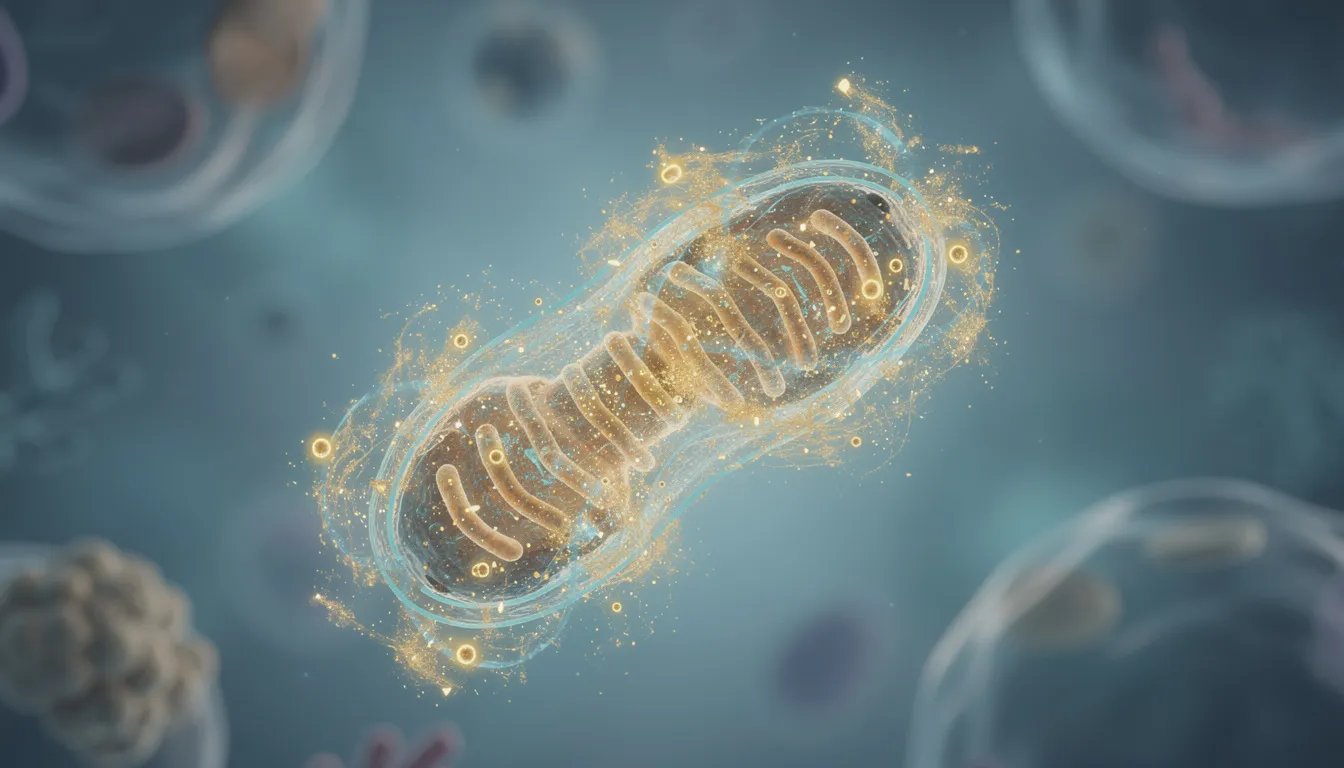 The image depicts mitochondria within a living cell, showcasing energy particles flowing through them, symbolizing cellular energy production and metabolic health. This visual representation highlights the importance of supplements like NMN and resveratrol in supporting healthy aging and enhancing cellular metabolism.