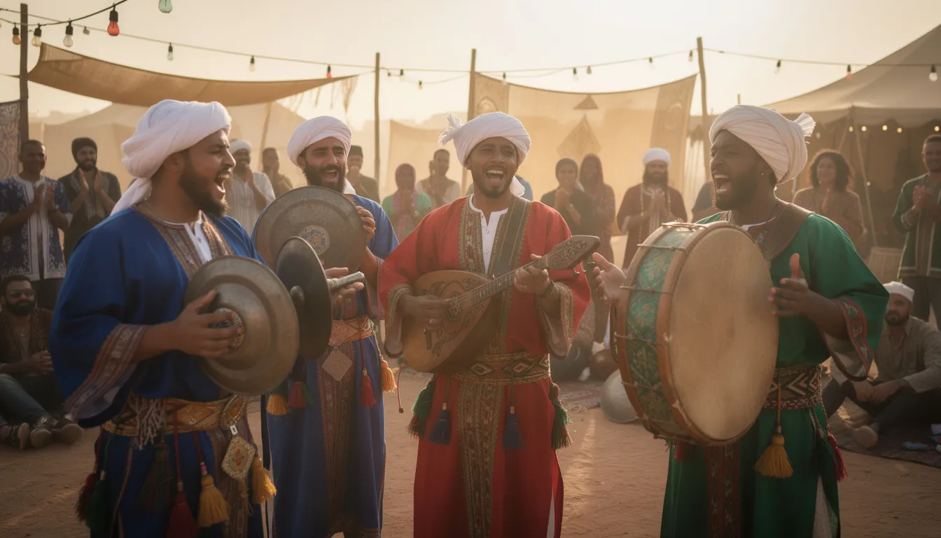 A group of Gnawa musicians dressed in traditional attire perform with vibrant instruments at an outdoor festival, showcasing the rich heritage of Moroccan culture. The lively atmosphere captures the essence of North Africa's artistic traditions, inviting both locals and tourists to experience the rhythmic sounds and colorful craftsmanship of this unique art form.