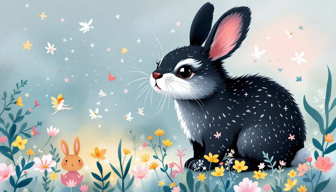 A black otter rabbit with striking dark fur and lighter markings.