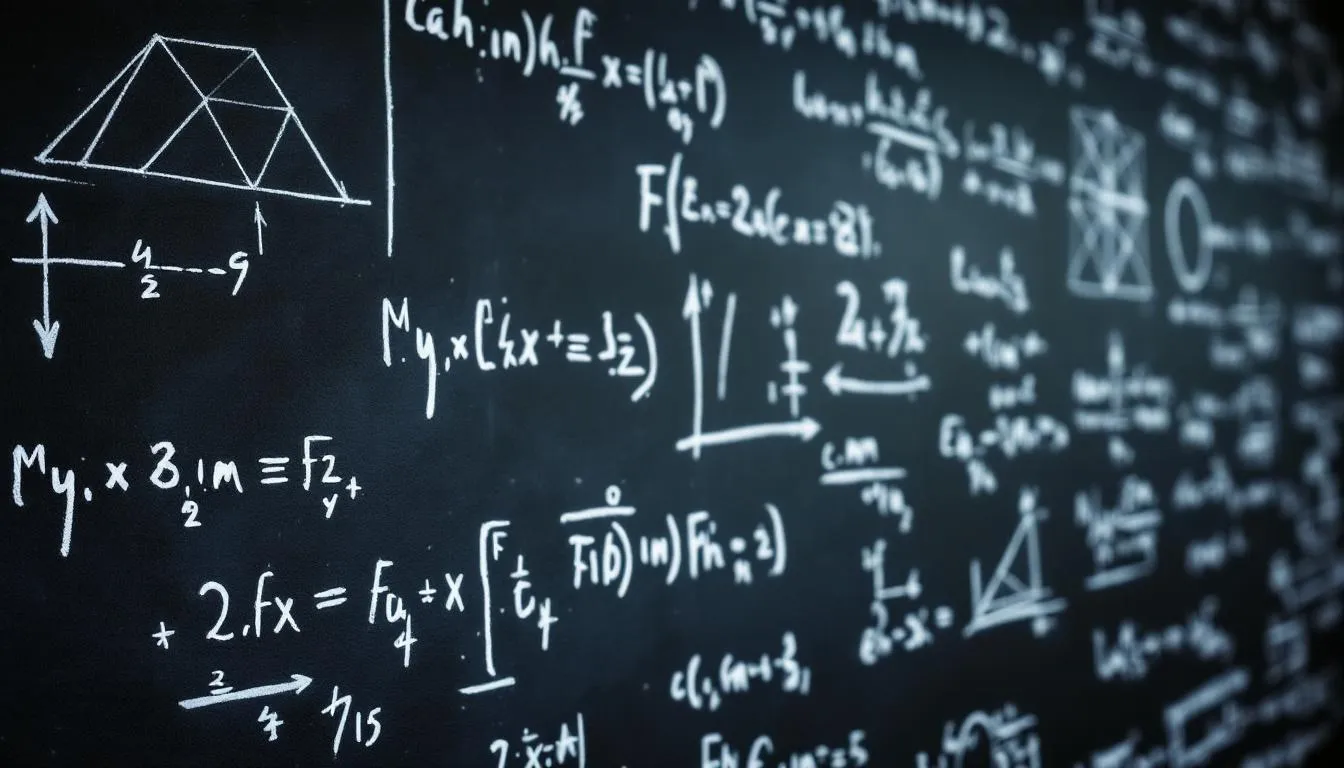 Das Bild zeigt eine Tafel, die mit verschiedenen mathematischen Formeln und Gleichungen beschrieben ist. Diese Darstellung könnte in einem Bildungsbereich, wie beispielsweise einem Nachhilfeunterricht oder einer Lerntherapie, verwendet werden, um Schülern beim Lernen zu helfen.