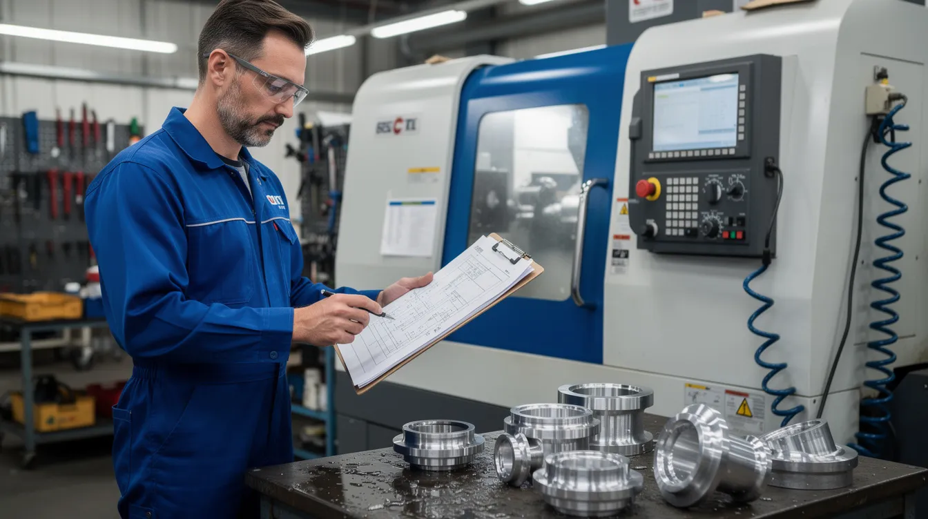 An engineer is examining a technical drawing while standing next to a CNC lathe machine, which features freshly turned cylindrical metal parts made from stainless steel on the work surface. This scene highlights the precision CNC turning process and the intricate details involved in manufacturing high-quality production parts.