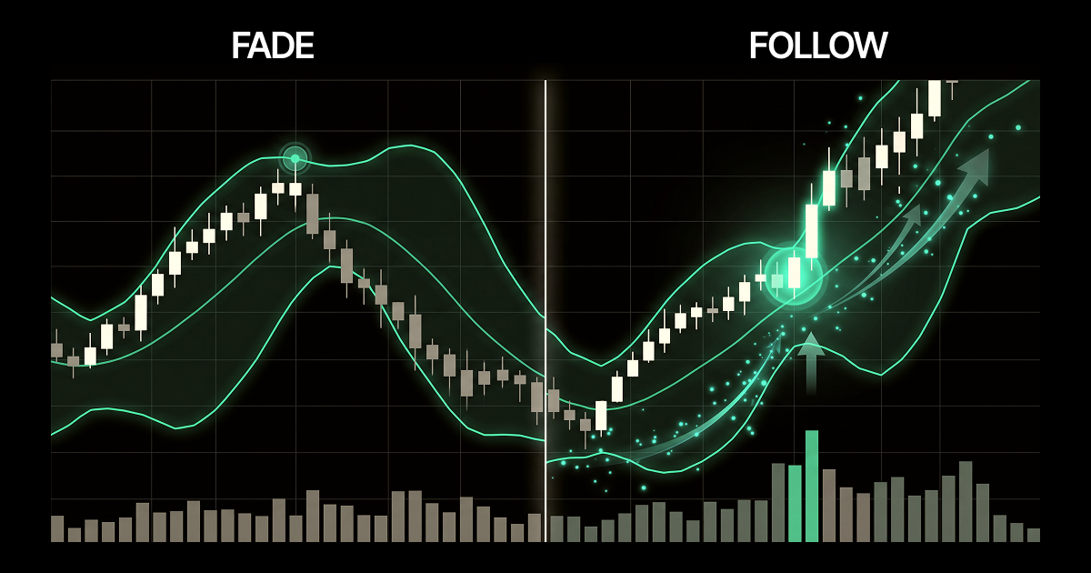 Side by side comparison chart on a black background, split by a vertical divider into "FADE" on the left and "FOLLOW" on the right, both labeled in white text. Each side shows a candlestick chart with green Bollinger Bands and a volume histogram below. On the FADE side, a highlighted candle touches the upper band near the top of a rounded peak, then price rolls over and declines. On the FOLLOW side, a highlighted candle breaks through the upper band on a spike in volume, marked by a green volume bar and glowing green arrows pointing up and to the right as price continues climbing.