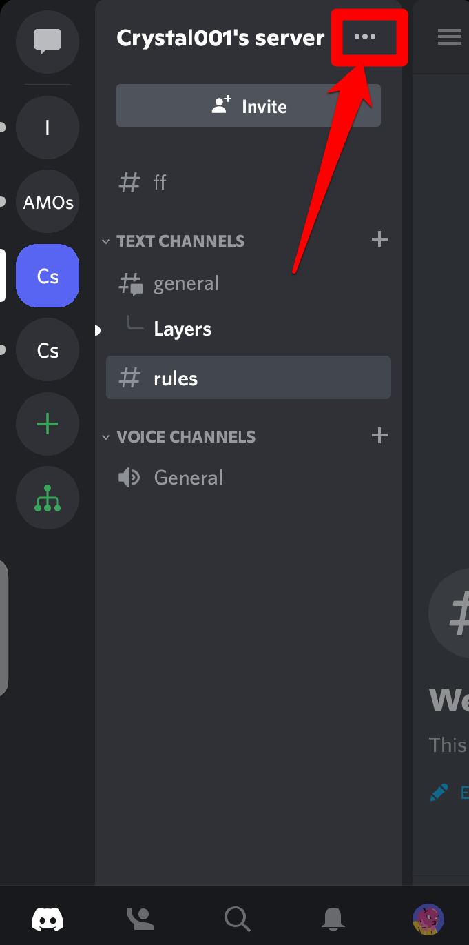Closeup image showing how to access your server settings on the Discord mobile app