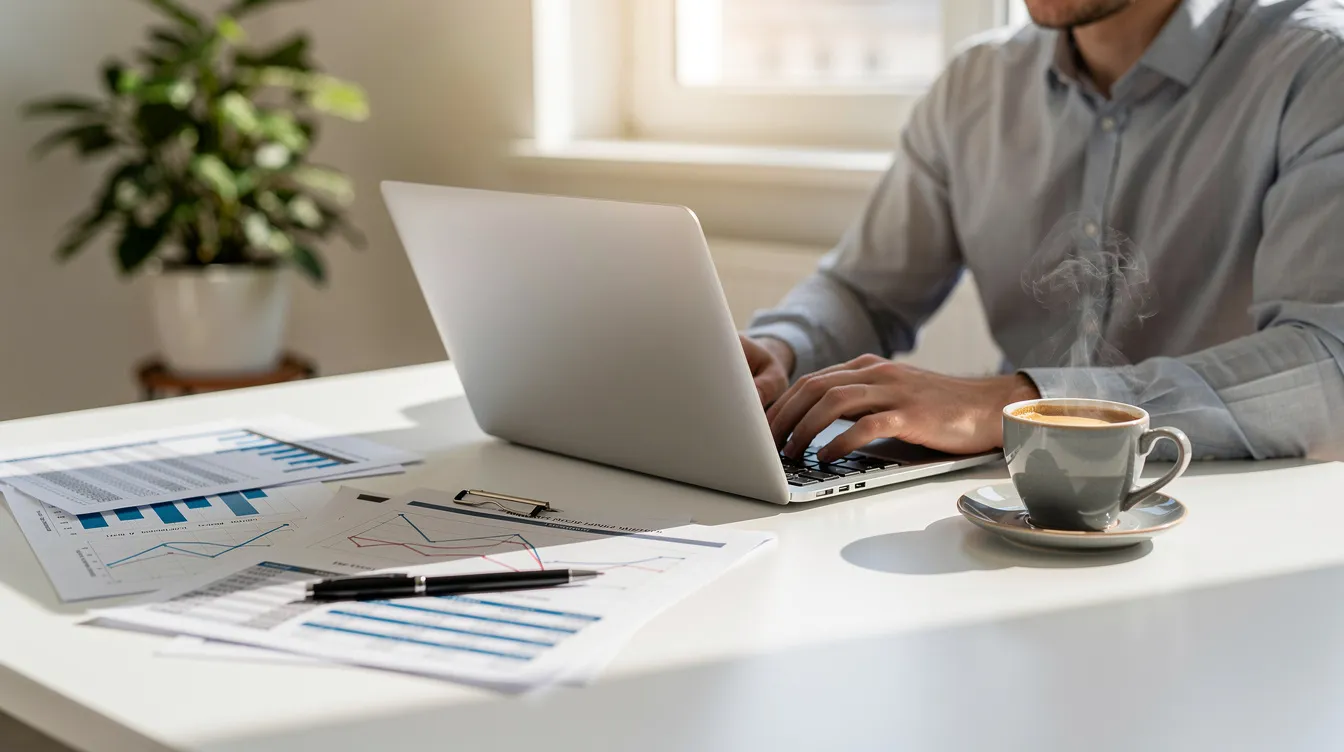 A person is seated at a bright, modern desk, focused on their laptop while sipping coffee, with financial documents spread out nearby. This scene reflects the daily routine of small business owners managing their financial data, possibly using accounting software like QuickBooks or Sage for tasks such as expense tracking and cash flow management.