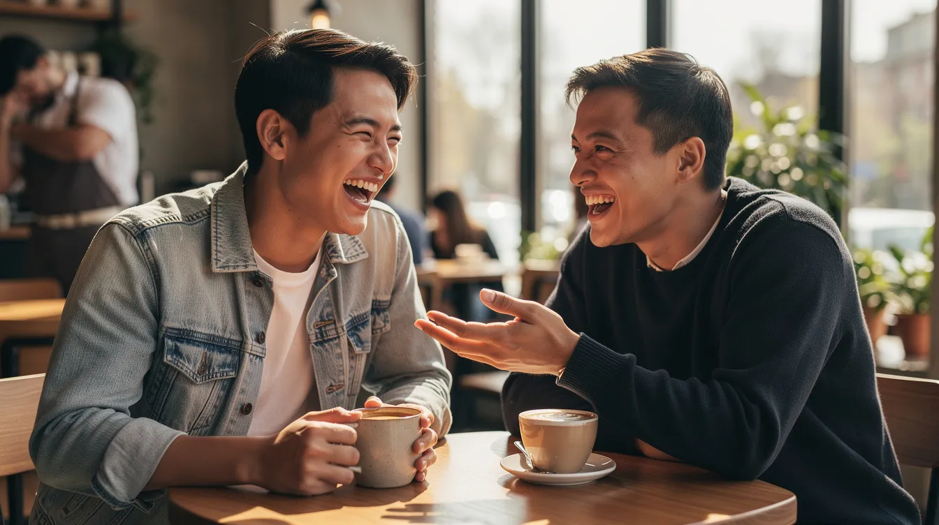 The image shows two people laughing together in a cozy coffee shop, highlighting the joy and emotional connection that can develop in the early stages of a compatible relationship. Their interaction suggests shared interests and great chemistry, essential for building a successful long-term partnership.