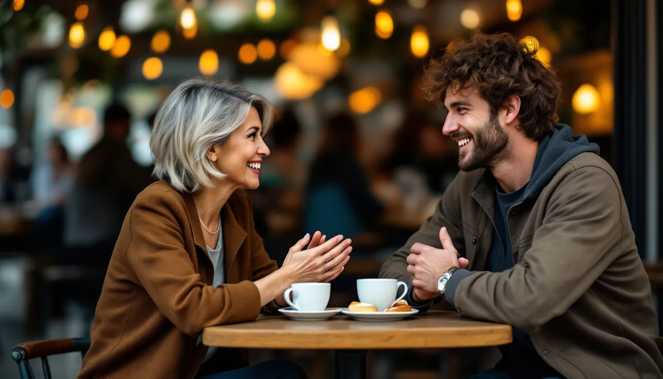 An older woman and a younger man having a deep conversation over coffee, highlighting tips for dating.