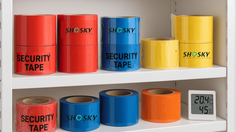 Proper storage setup for tamper-evident tape with temperature and humidity display
