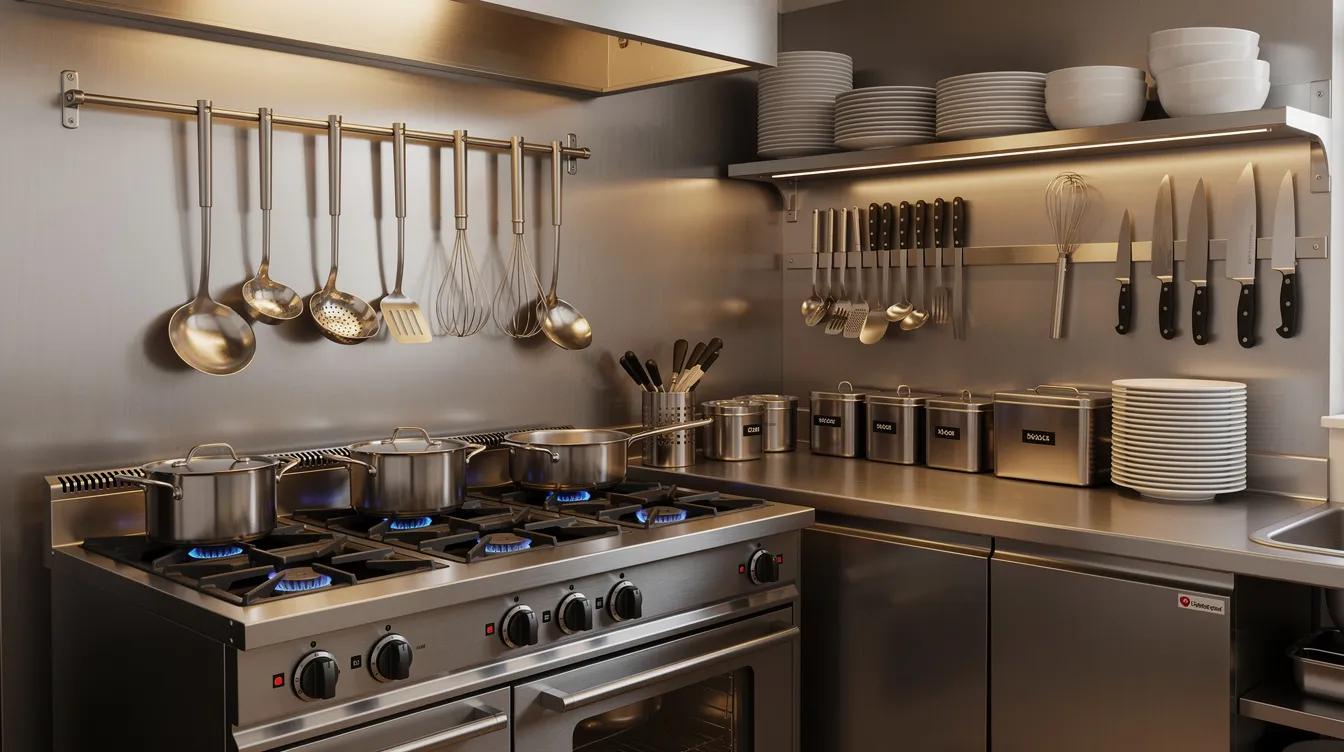 980e6f9f 8e02 4e56 9d94 47818684abd1 The image depicts a small restaurant kitchen featuring steel counters and gas stoves, with cooking utensils neatly arranged, showcasing an organized space for efficient food preparation. This setting reflects the essential project logistics details needed for small business owners seeking a bank loan or working capital to enhance their culinary venture.