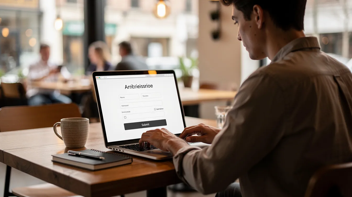 A young professional is seated at a cafe, focused on their laptop screen while completing an online form related to bank transactions. The form may include fields for information such as the IFSC code and MICR code for the Thane Janata Sahakari Bank, as they work on international money transfers.