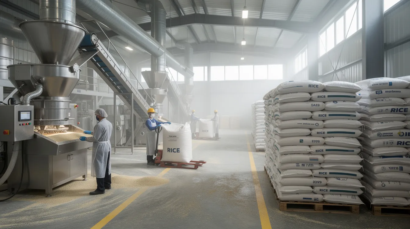 The image depicts the interior of a rice processing facility, featuring large metal machines used for puffed rice manufacturing, alongside stacked bags of grain. Workers in aprons are engaged in the processing, highlighting the industrial environment essential for the puffed rice industry in India.