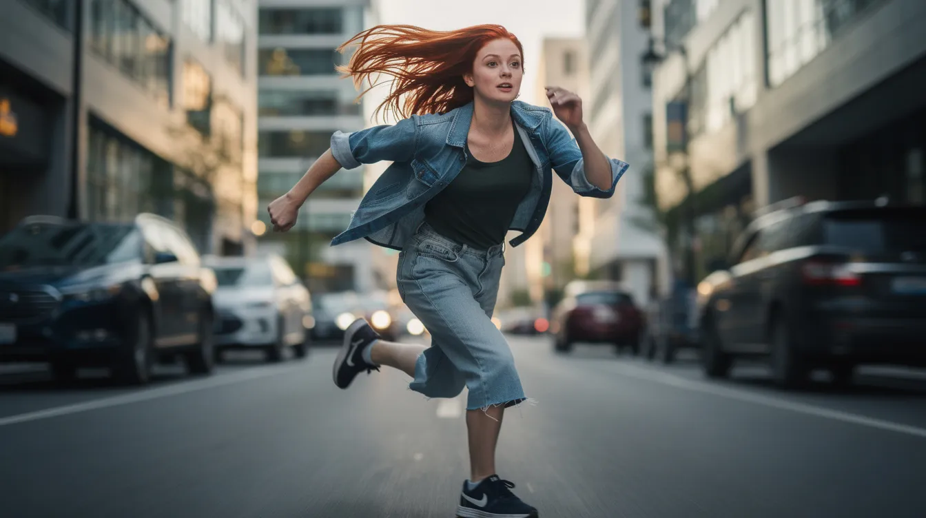 Eine junge Frau mit roten Haaren rennt dynamisch durch eine urbane Straße, während im Hintergrund eine lebendige Stadtlandschaft zu sehen ist. Die Bewegungsunschärfe vermittelt ein Gefühl von Energie und Geschwindigkeit, das an die besten Filme der 90er erinnert, wie "Lola rennt".