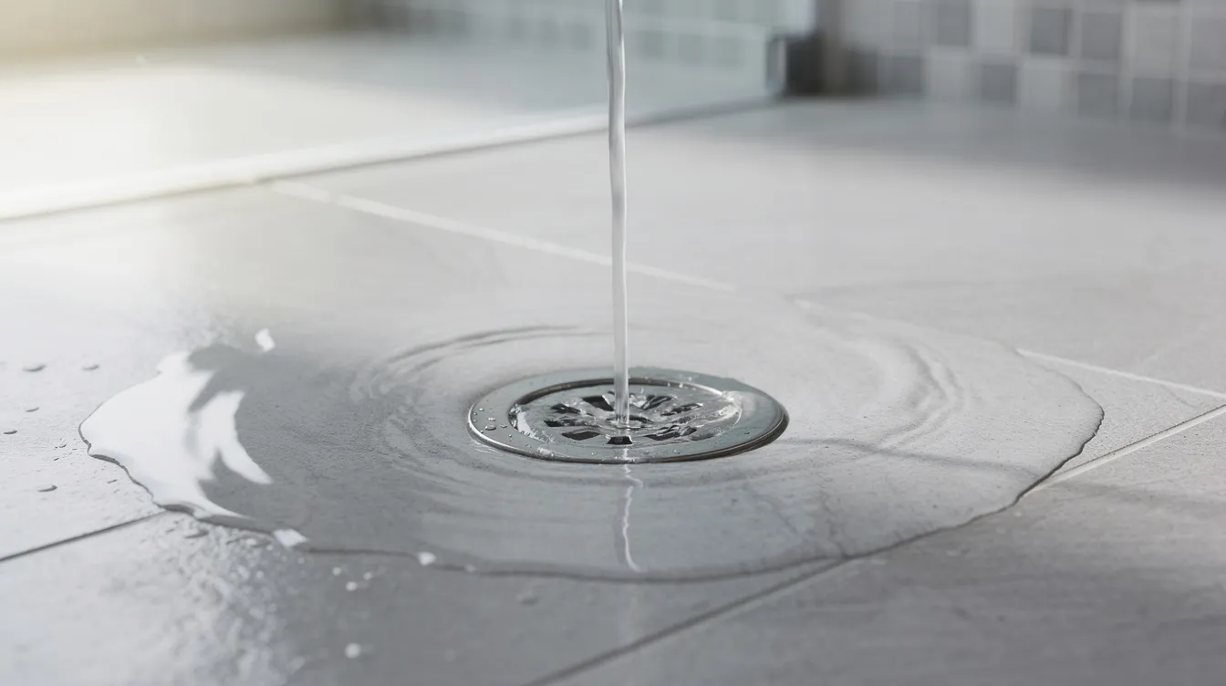 The image depicts a clean residential bathroom with water draining freely down a shower drain, indicating effective drain cleaning and maintenance. The absence of standing water suggests that there are no clogged drains, ensuring proper flow and functionality of the plumbing system.