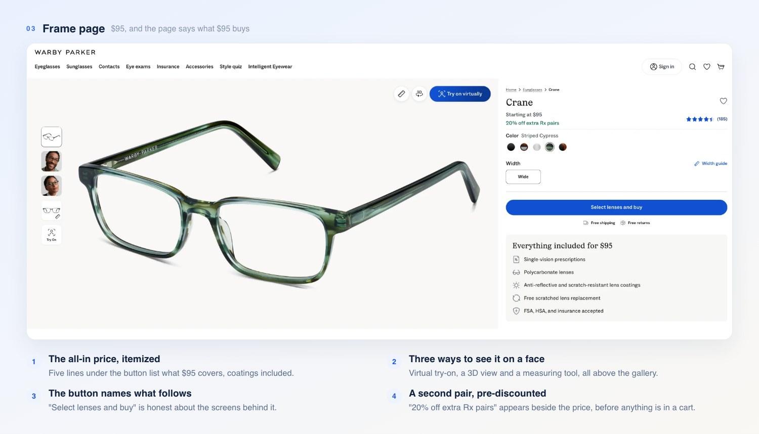 The Crane frame page in Striped Cypress: $95 starting price, 20% off extra Rx pairs, 185 reviews, five color swatches, a width guide, a Try on virtually button, a Select lenses and buy button and the everything-included list