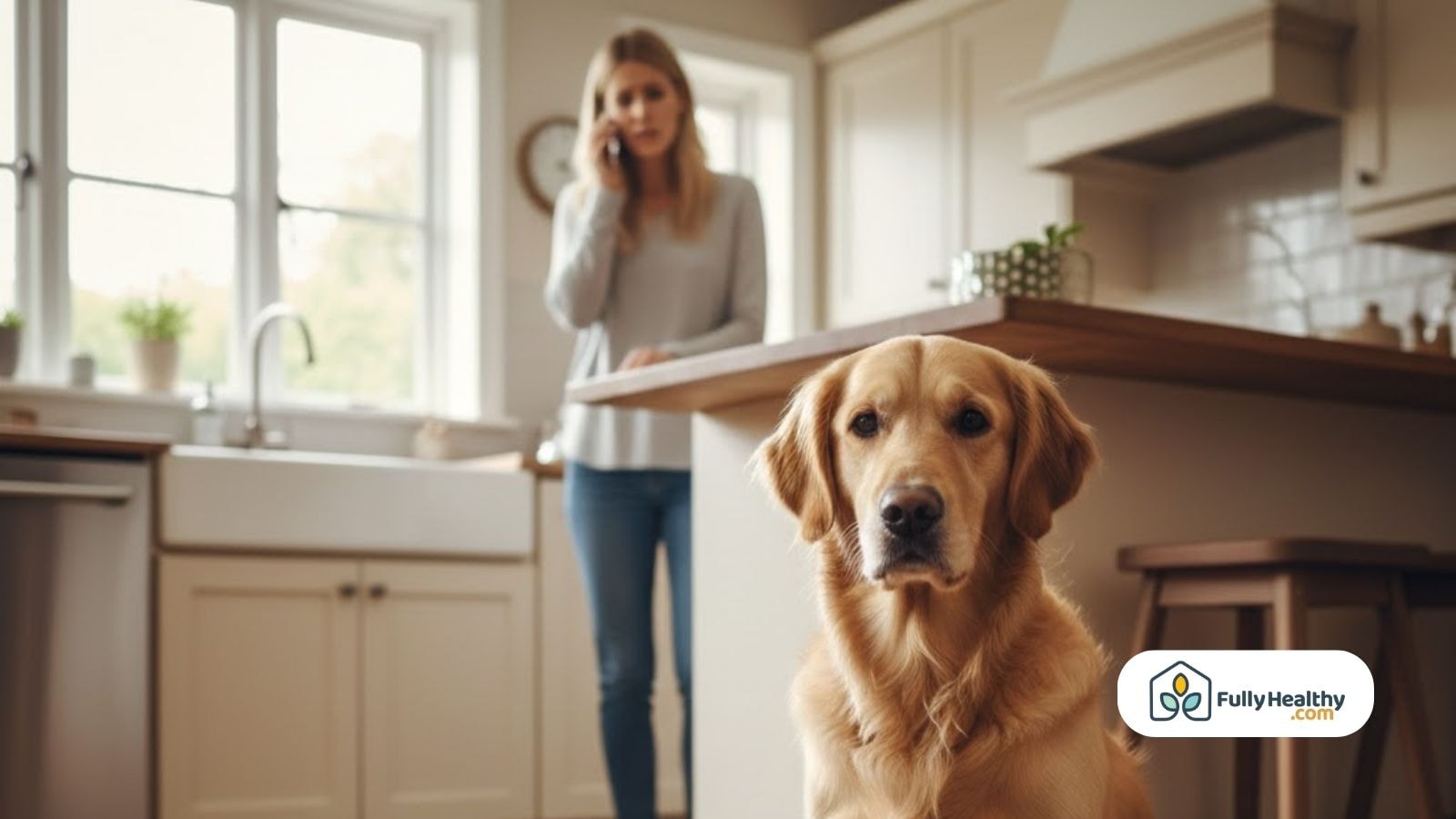 Concerned woman calling vet while dog looks worried in kitchen