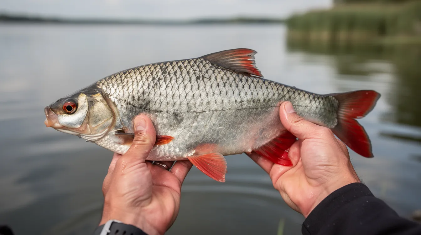 Na zdjęciu wędkarz trzyma złowioną płocie nad wodą, podkreślając jej srebrne łuski i czerwone płetwy. Jest to doskonały przykład wiosennego wędkowania, kiedy ryby, takie jak płocie, żerują intensywnie w nasłonecznionych miejscach.