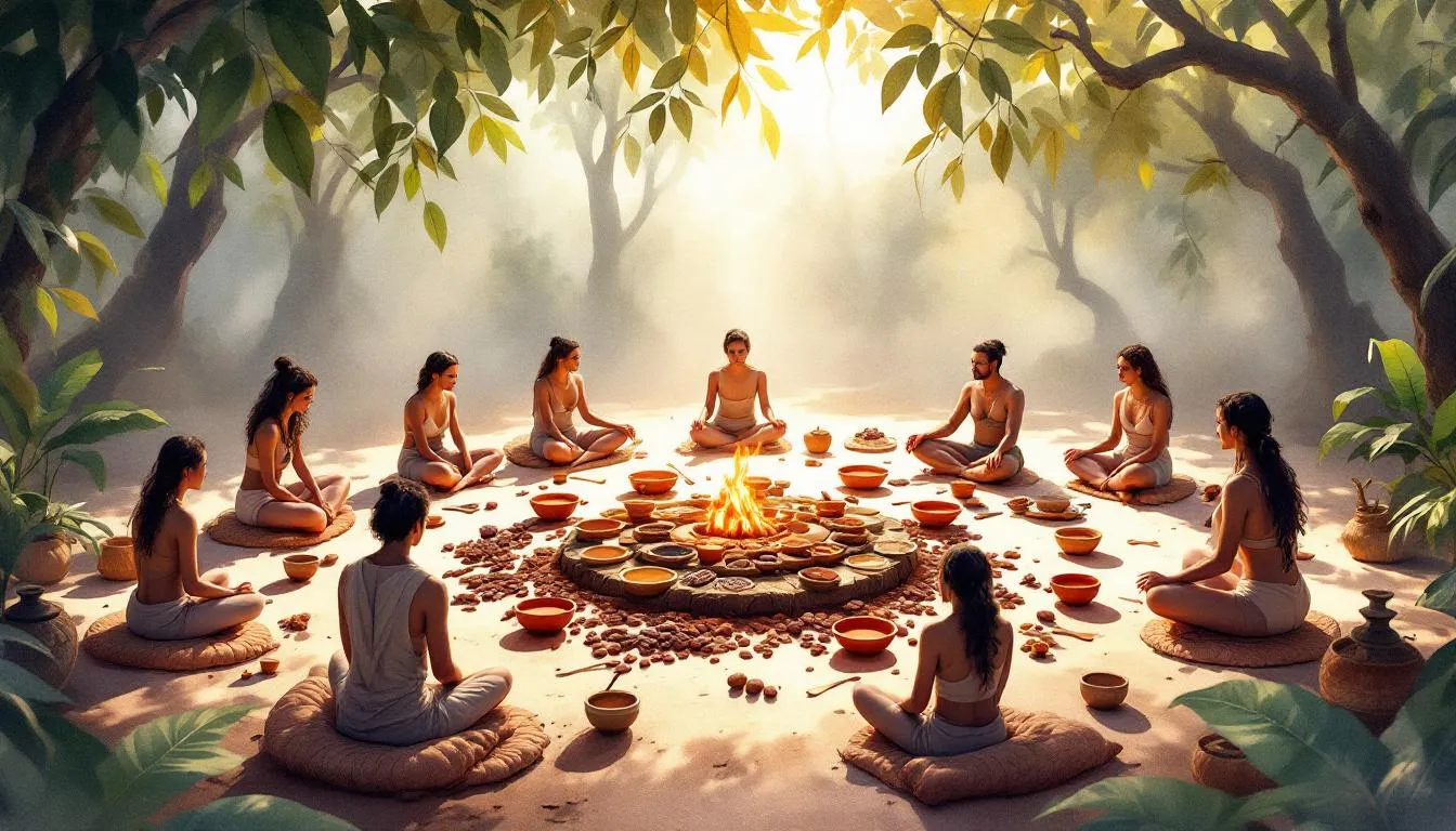 An overview of a cacao ceremony setting, showcasing ceremonial cacao preparation.