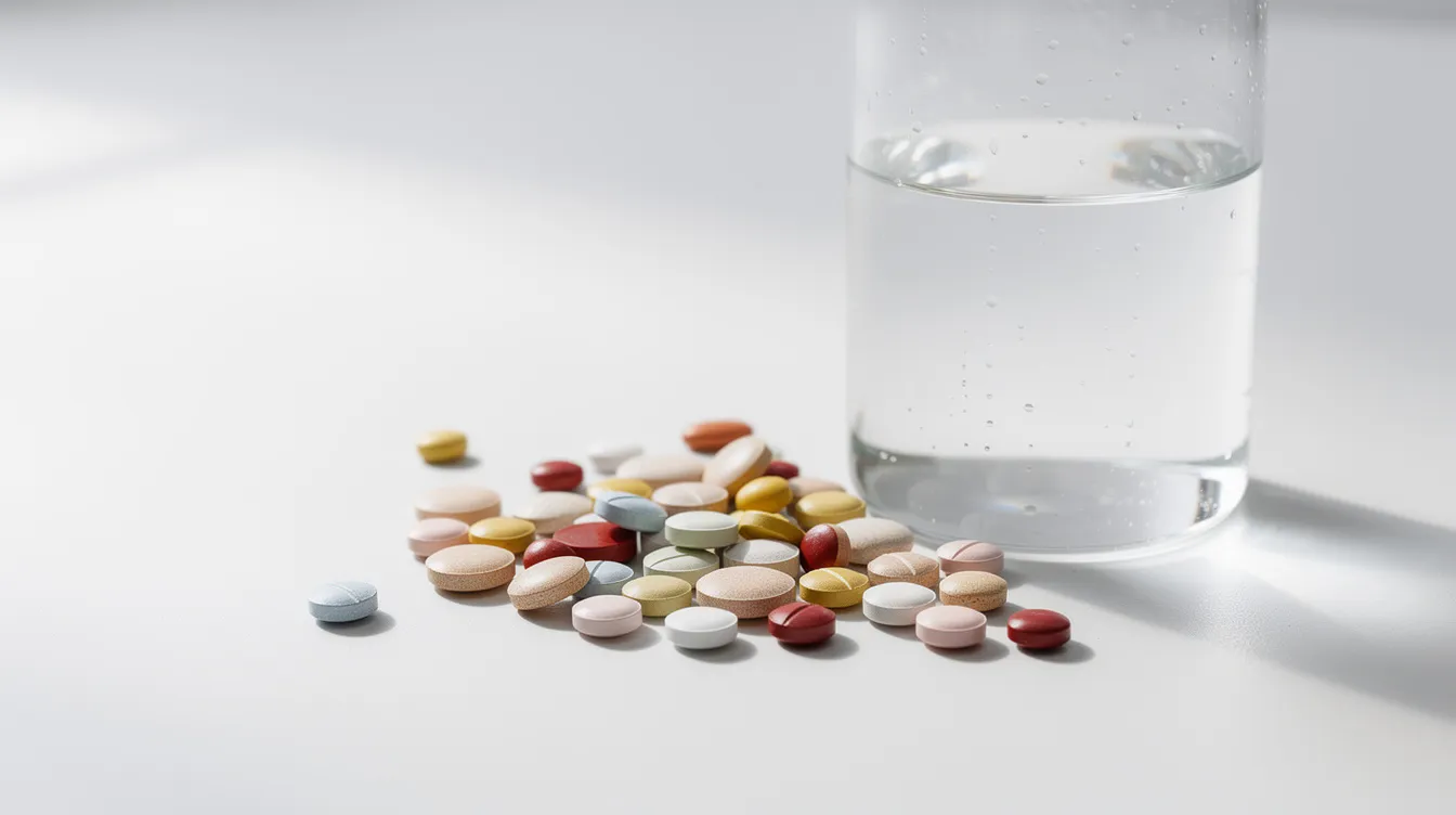 A close-up image shows an arrangement of supplement tablets on a clean white surface, accompanied by a glass of water, suggesting a focus on dietary supplements that may boost testosterone levels and improve energy. The scene highlights the importance of good health and the potential benefits of testosterone boosters like Novex Biotech Testrovax.