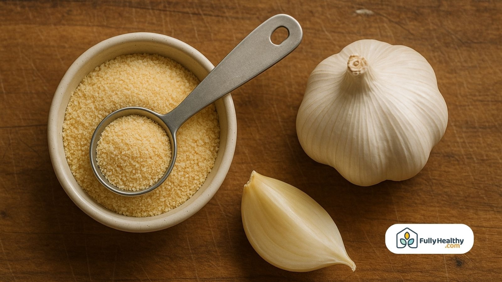 Bowl of garlic powder with measuring spoon, a garlic clove, and bulb.