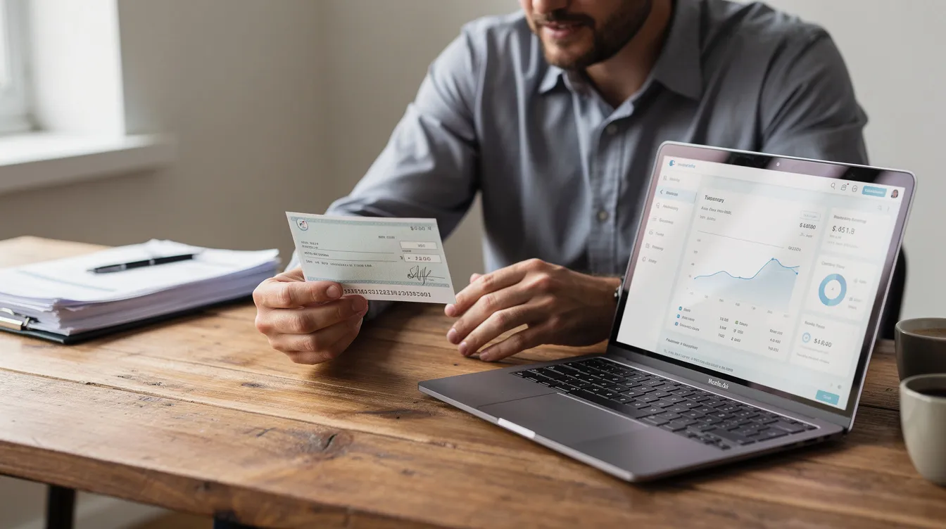 The image shows a person seated at a wooden desk, carefully reviewing a paper cheque next to a laptop. The cheque features key details such as the cheque number and payee line, indicating a potential cheque payment for either personal or business account transactions.