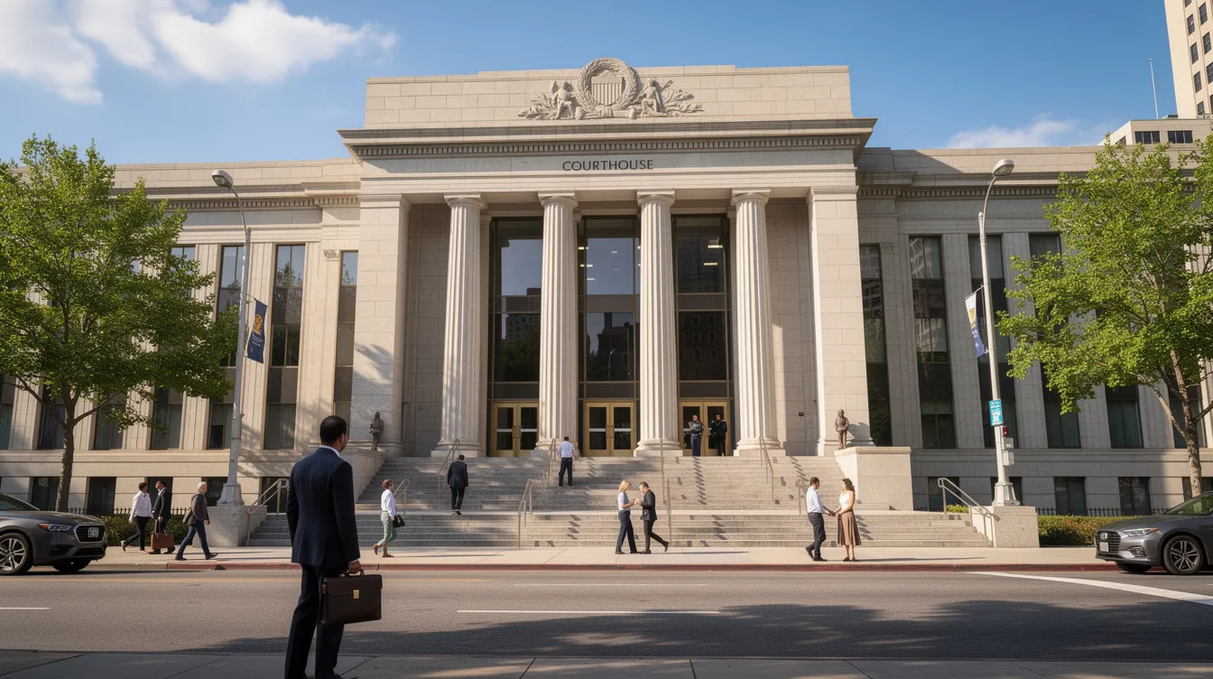 The image depicts the entrance of a courthouse bustling with people walking outside on a clear day, highlighting a scene of civic engagement. This location often serves as a venue for discussions on foundational gun laws and public safety regulations, reflecting the community's interest in issues such as gun ownership and the impact of state permit laws.