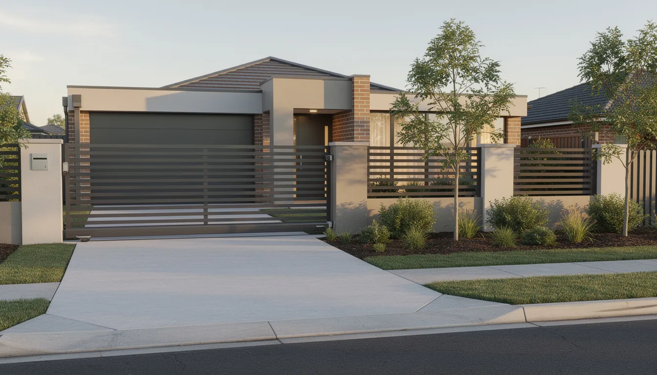 The image shows a clean, finished automatic aluminium slat gate installed at a suburban home in Melbourne, surrounded by neat landscaping. This modern electric sliding gate enhances the property's security and aesthetic appeal, making it a great choice for residential driveways.