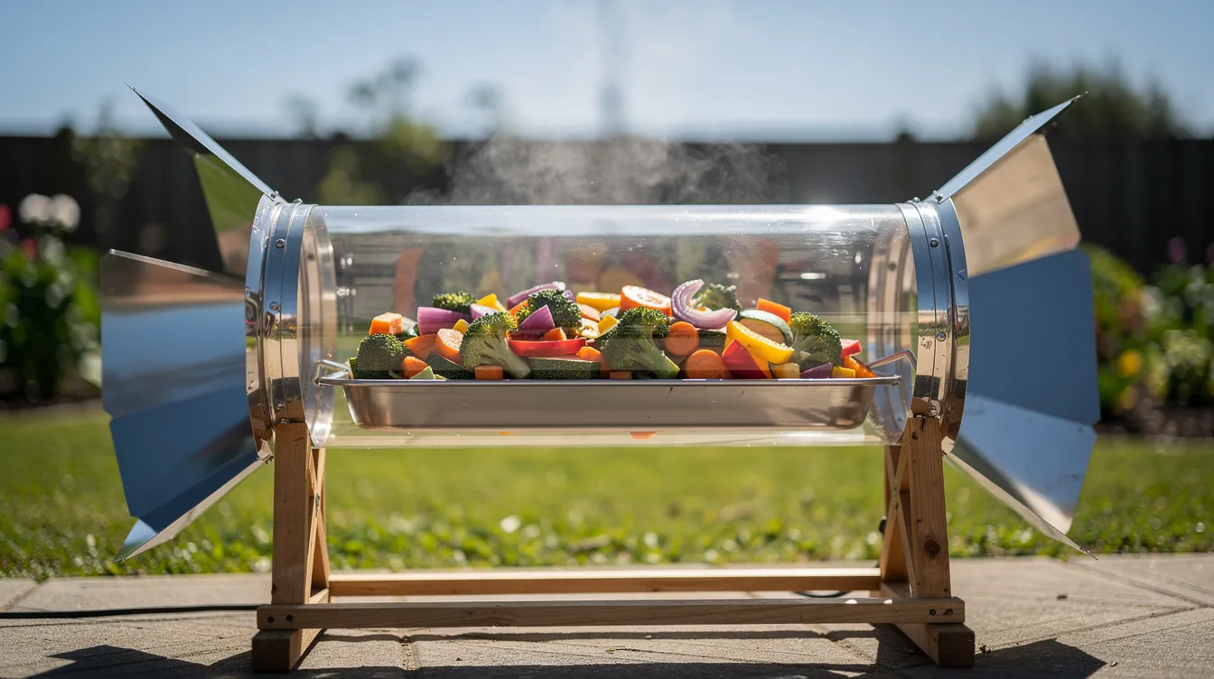A vacuum tube solar cooker is set up outdoors, using reflected sunlight to heat a metal tray filled with fresh vegetables, showcasing the principles of solar cooking. The design emphasizes energy efficiency as it harnesses the sun's rays to prepare hot food without the need for conventional fuels.