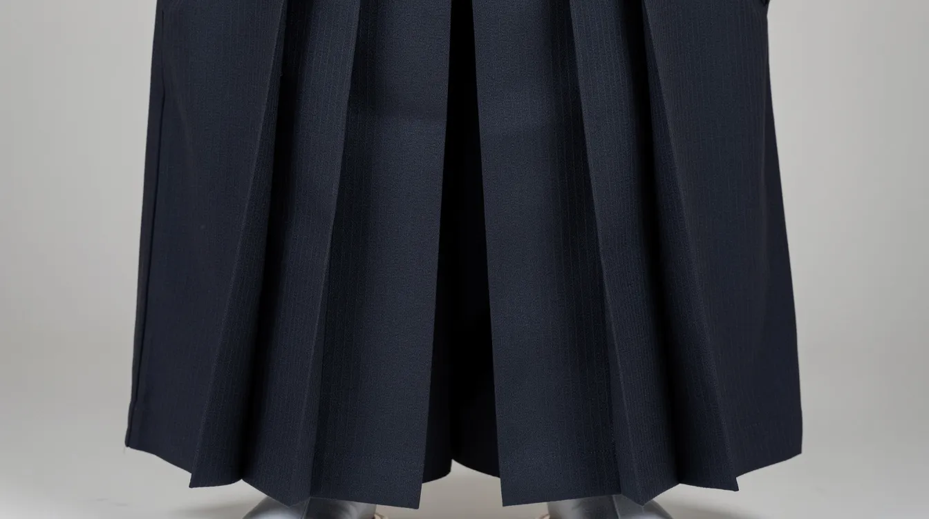 The image features a close-up view of wide pleated hakama legs made from dark navy fabric, highlighting the divided structure and deep front pleats typical of traditional Japanese clothing. This style is often associated with martial arts, such as aikido and iaido, and is designed for both formal wear and casual occasions.