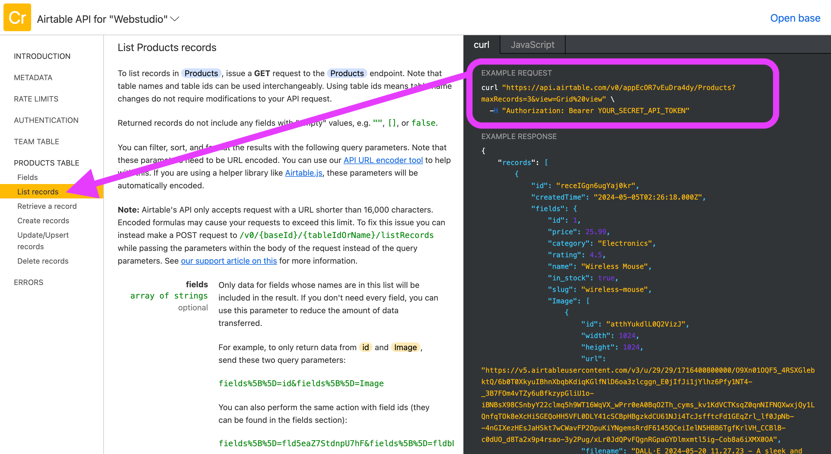 Airtable curl command
