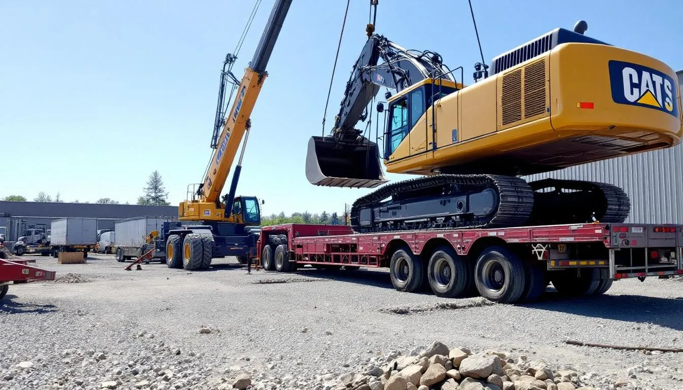 L'image montre une machinerie lourde, comme un bulldozer, en cours de chargement sur un remorque spécialisé pour le transport de machinerie. Ce processus exige une équipe de professionnels pour assurer la sécurité et l'efficacité du déplacement des équipements lourds.