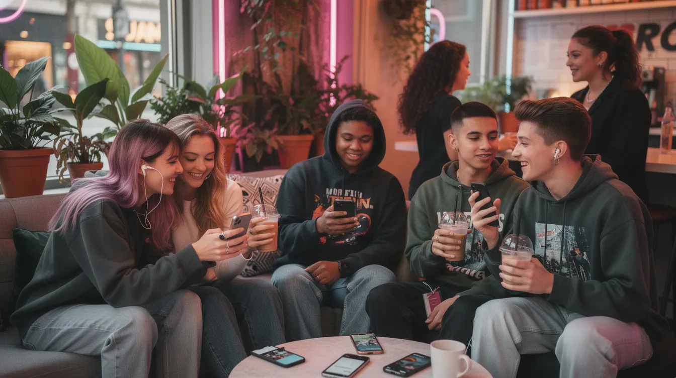 The image depicts a group of diverse Gen Z individuals engaging in a lively discussion about modern dating, highlighting the importance of mental health, personality differences, and relationship compatibility in forming meaningful connections. Unlike previous generations, they emphasize the role of social media platforms and dating apps in exploring potential partners and fostering deeper connections.