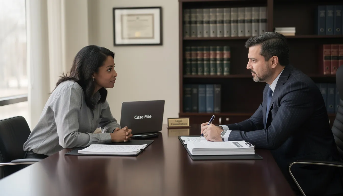 The image depicts a professional consultation between a workers compensation attorney and a client, discussing the intricacies of a workers compensation claim. The attorney is providing guidance on how to navigate Colorado workers compensation laws and secure benefits for injured workers, including lost wage benefits and medical treatment options.
