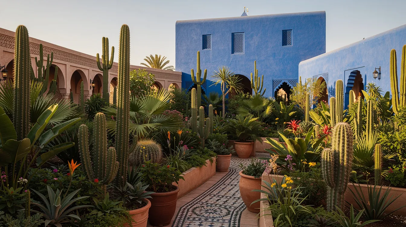 Un giardino lussureggiante con cactus e piante esotiche in stile marocchino, mentre sullo sfondo si erge un edificio blu, tipico di Marrakech. Questo luogo incantevole rappresenta una delle molte attrazioni della città, ideale per chi cerca un'esperienza unica durante il proprio viaggio in Marocco.
