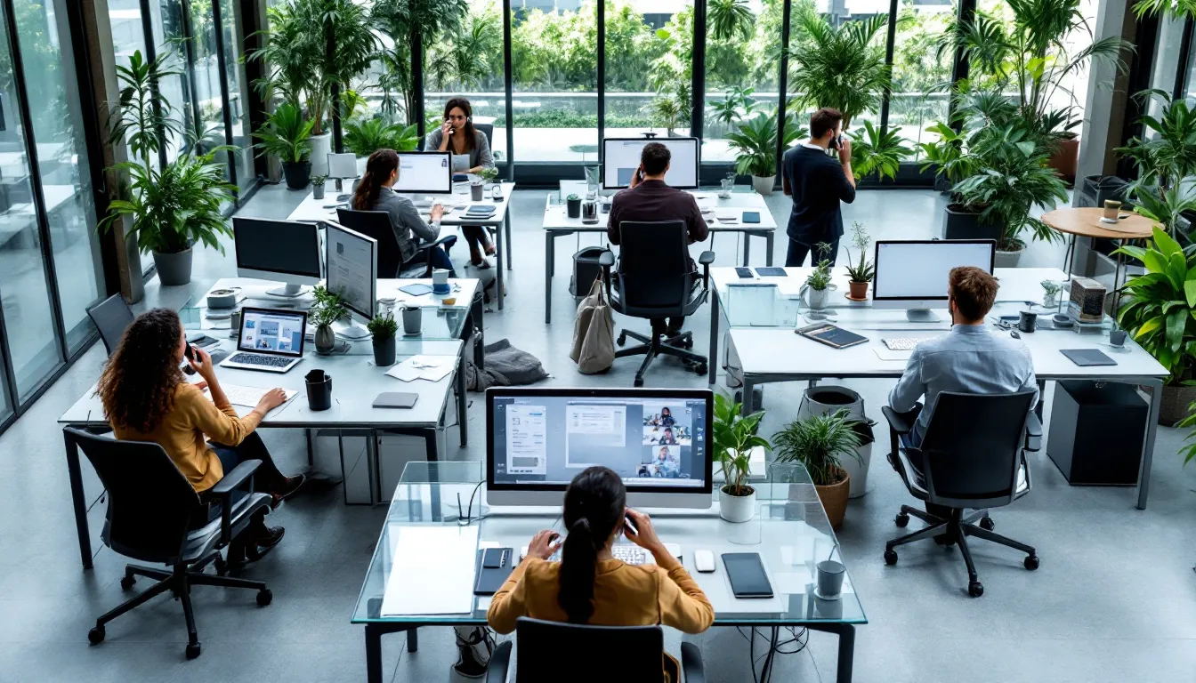 The image depicts a modern office environment where employees are engaged in various tasks using communication devices such as desk phones, computers, and mobile devices. This setup enhances business communications and showcases the integration of a business phone system with advanced features for managing incoming and outgoing calls.