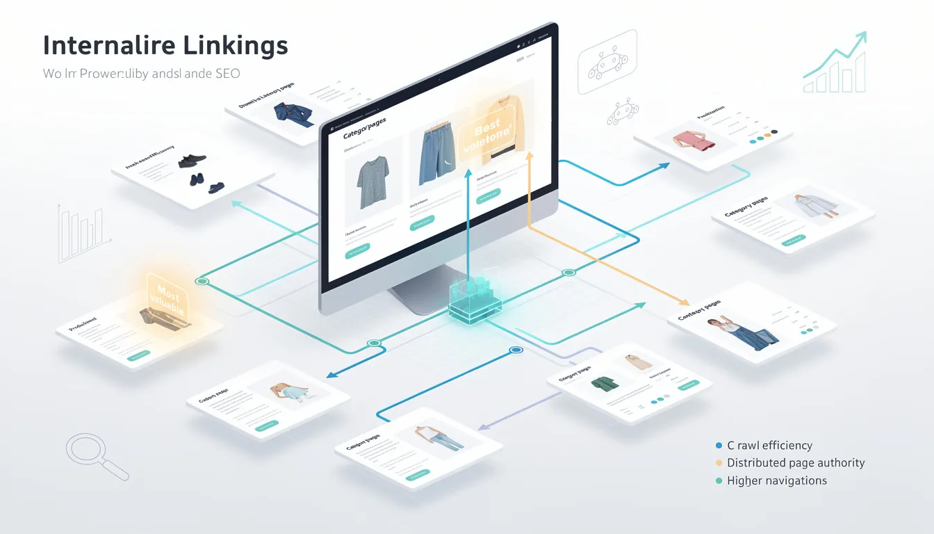 The image illustrates the concept of internal linking as a vital strategy for enhancing an ecommerce site's SEO performance. It highlights how strategically placed internal links can improve site structure, guide search engines and users to key pages, and ultimately boost search rankings and organic traffic.