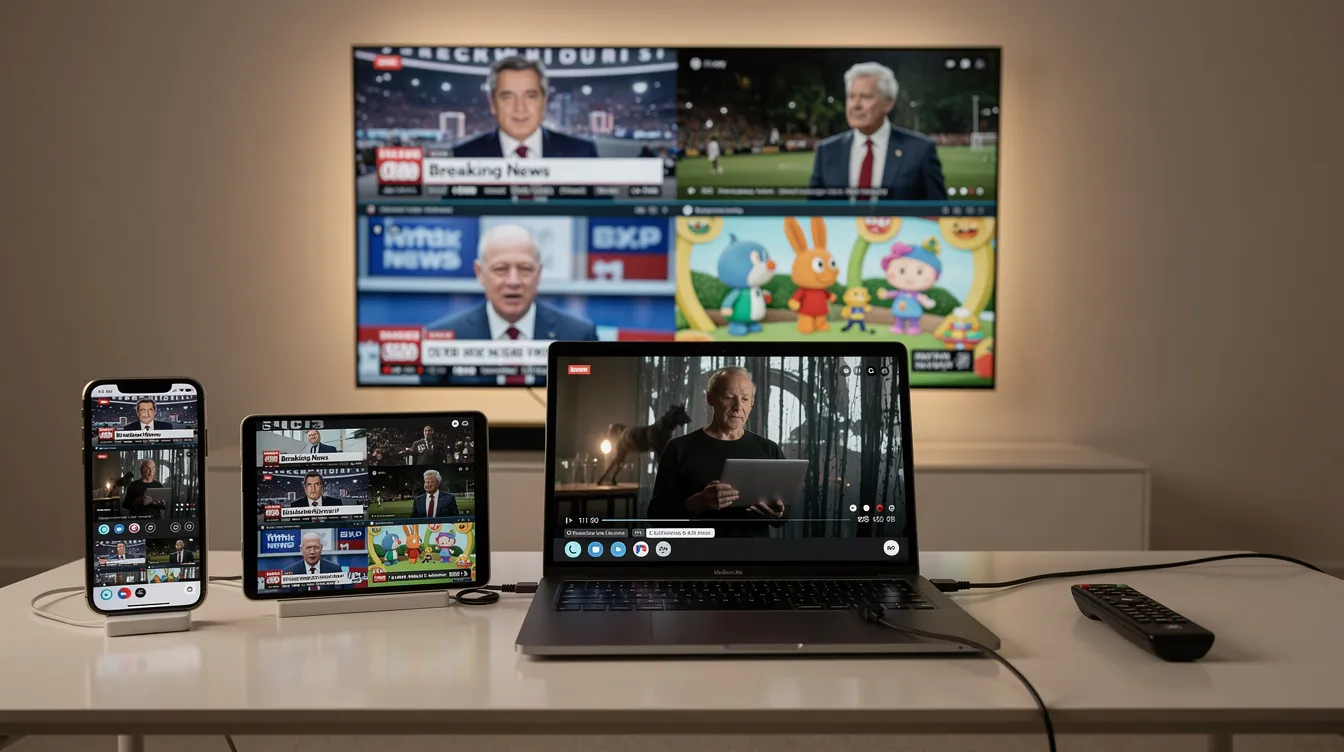 The image shows a smartphone, tablet, laptop, and smart TV, each displaying different live television channels at the same time, showcasing the versatility of modern IPTV services. This setup illustrates how various devices can stream content simultaneously, highlighting the benefits of IPTV technology for accessing international channels and delivering quality entertainment.