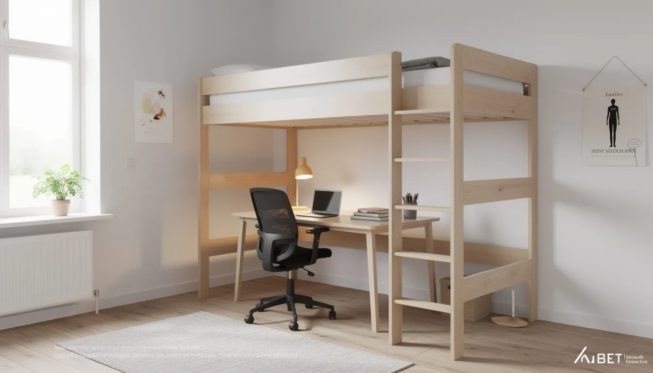 Een gezellige studentenkamer met een hoogslaper boven een bureau en bureaustoel, voorzien van lichte houten afwerking. De ruimte is slim ingericht met multifunctionele meubels, waardoor er extra opbergruimte is gecreëerd en het een fijne plek is om te studeren.