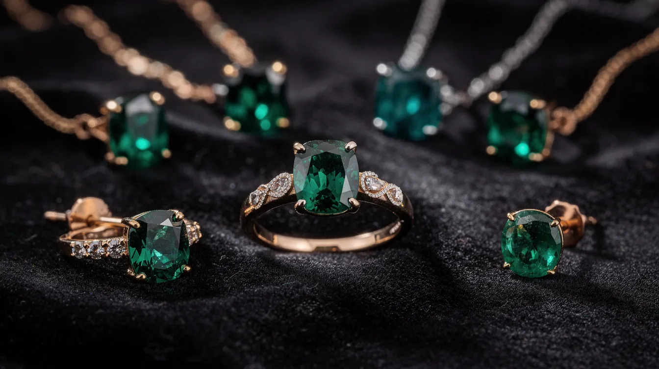 The image showcases a collection of stunning emerald jewellery pieces, including rings and necklaces, elegantly displayed on a rich velvet surface. The vibrant green hue of the emeralds, known as the birthstone for May, exudes timeless elegance and beauty.