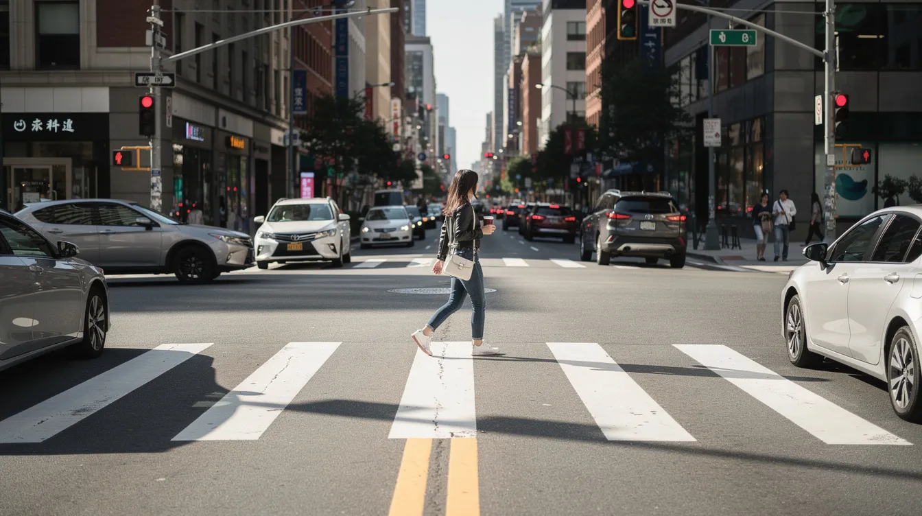 A pedestrian is seen using a crosswalk to safely cross an intersection, highlighting the importance of following walk signals to prevent accidents caused by distracted drivers. The scene emphasizes the risks pedestrians face, including the potential for severe injuries or even fatalities in traffic crashes.