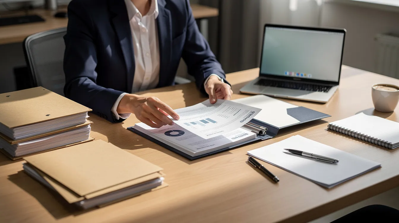 9832a6a8 774c 492d a755 c61c42032c1d A person is diligently organizing various business documents, including utility bills and bank statements, in a folder on a table, ensuring that all necessary paperwork for a business loan application is properly arranged. This scene reflects the careful preparation required for entrepreneurs seeking funding through schemes like the Mudra Yojana in India.