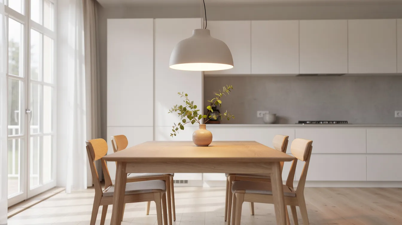 En elegant taklampa hänger ovanför ett träbord i en ljus skandinavisk kök, vilket skapar en modern och stilren atmosfär. Lampan, som kan vara en design från Louis Poulsen eller Audo Copenhagen, ger ett behagligt ljus och passar perfekt för att välja rätt taklampa för rummet.