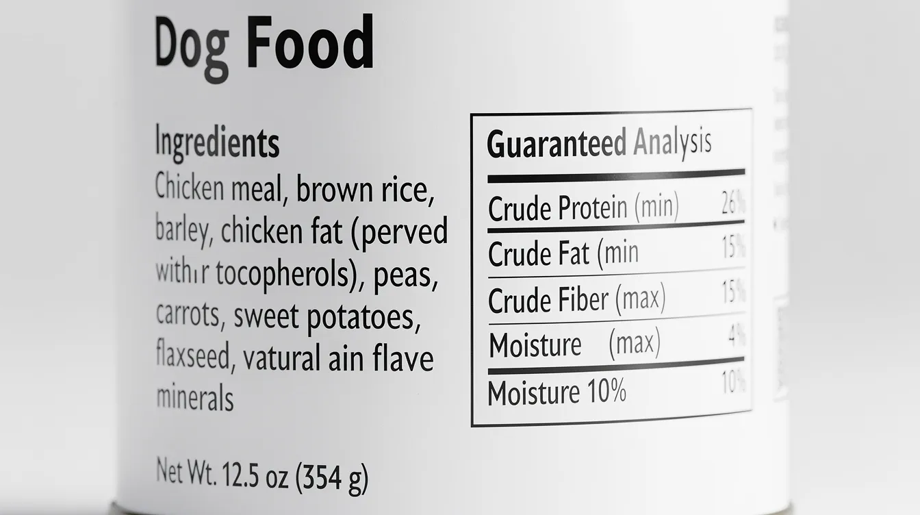The image features a close-up view of a dog food nutrition label, highlighting the ingredient list that emphasizes balanced nutrition for dogs. This label is essential for pet owners seeking the best dog food options to support their dog's health and life stage.