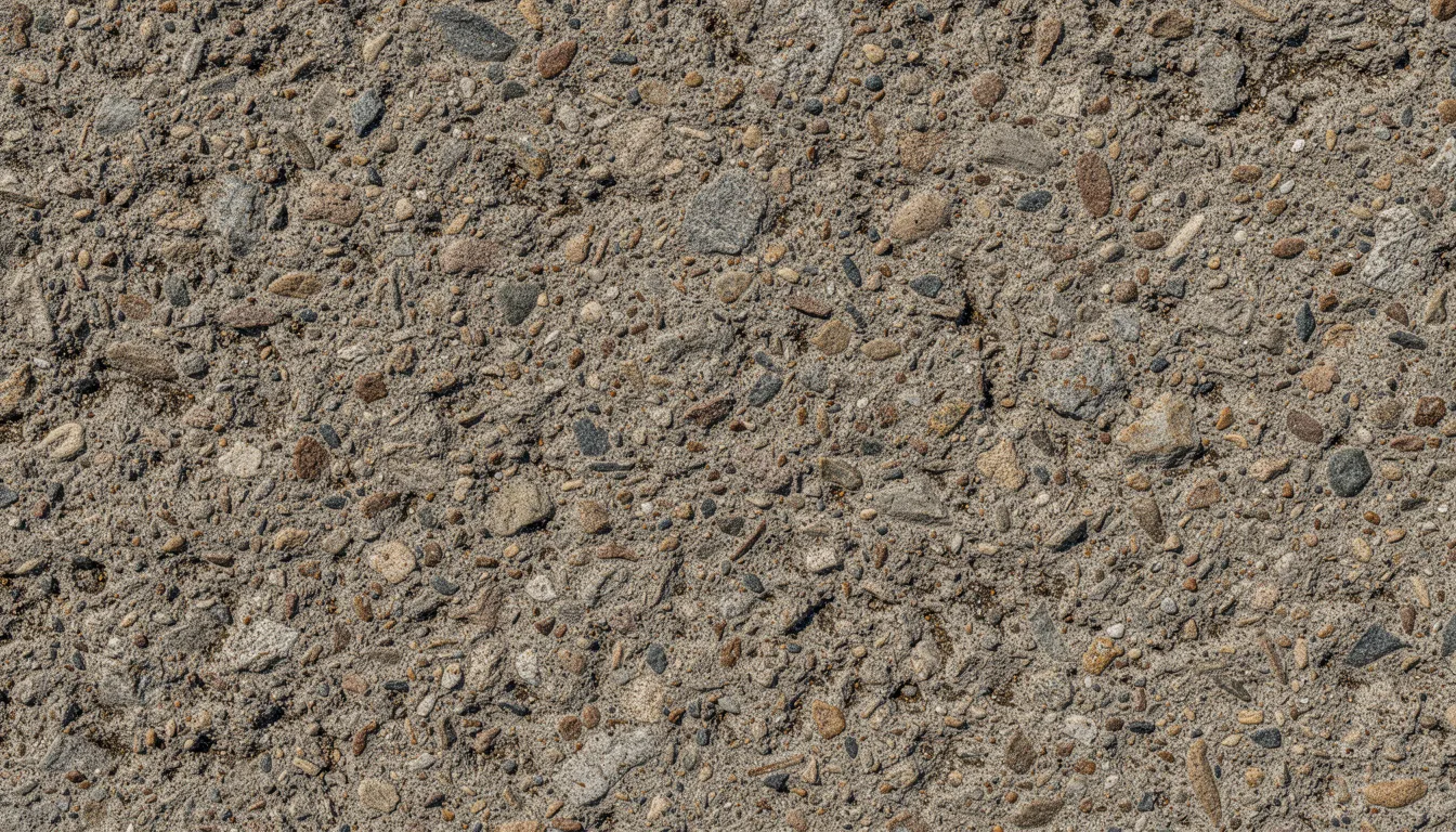This close-up image showcases the textured surface of an exposed aggregate concrete driveway, highlighting the natural stone elements and unique patterns that enhance its aesthetic appeal. The durable and low maintenance design makes it a reliable choice for high traffic areas, providing both visual impact and functionality.