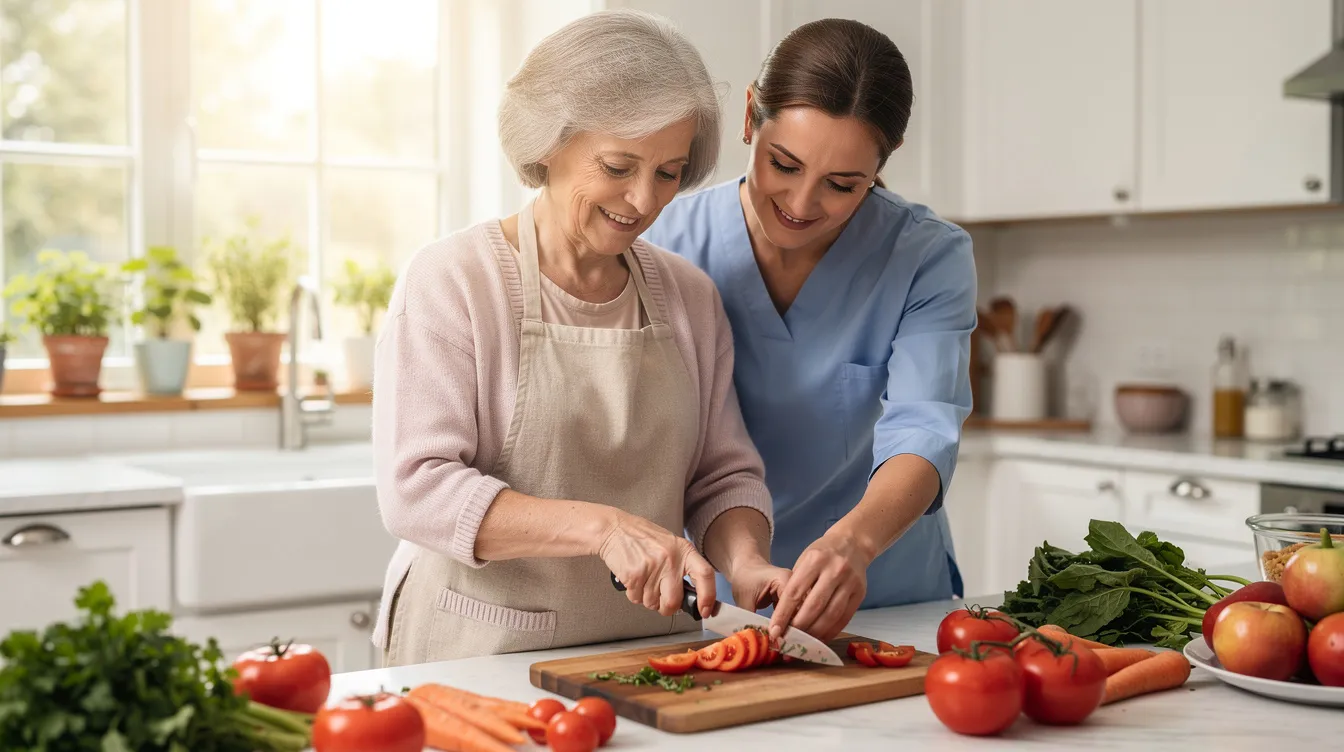 In a bright kitchen, a kind caregiver assists an older woman with meal preparation, showcasing a nurturing bond as they work together on household tasks. This scene reflects the importance of professional care and support in enhancing the well-being and independence of seniors during their recovery process.